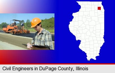 a civil engineer inspecting a road building project; DuPage County highlighted in red on a map