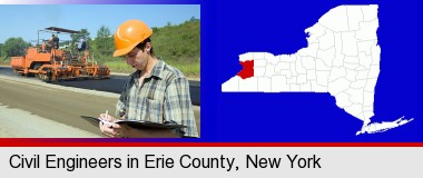 a civil engineer inspecting a road building project; Erie County highlighted in red on a map