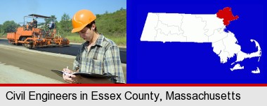 a civil engineer inspecting a road building project; Essex County highlighted in red on a map