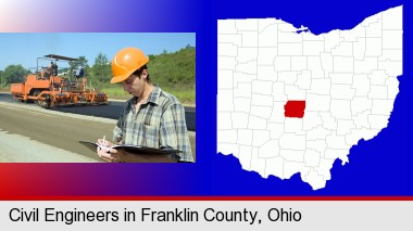 a civil engineer inspecting a road building project; Franklin County highlighted in red on a map