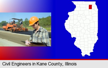 a civil engineer inspecting a road building project; Kane County highlighted in red on a map