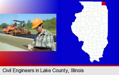 a civil engineer inspecting a road building project; LaSalle County highlighted in red on a map