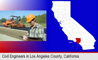a civil engineer inspecting a road building project; Los Angeles County highlighted in red on a map