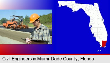 a civil engineer inspecting a road building project; Miami-Dade County highlighted in red on a map