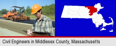 a civil engineer inspecting a road building project; Middlesex County highlighted in red on a map
