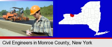 a civil engineer inspecting a road building project; Monroe County highlighted in red on a map