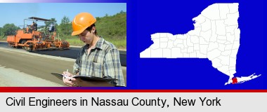 a civil engineer inspecting a road building project; Nassau County highlighted in red on a map