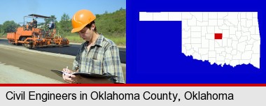 a civil engineer inspecting a road building project; Oklahoma County highlighted in red on a map