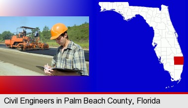 a civil engineer inspecting a road building project; Palm Beach County highlighted in red on a map