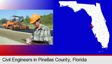 a civil engineer inspecting a road building project; Pinellas County highlighted in red on a map