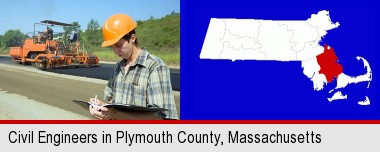 a civil engineer inspecting a road building project; Plymouth County highlighted in red on a map