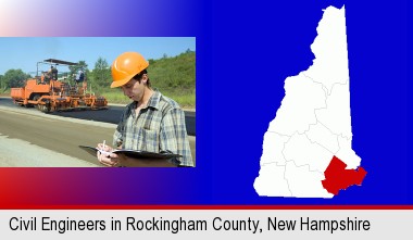 a civil engineer inspecting a road building project; Rockingham County highlighted in red on a map