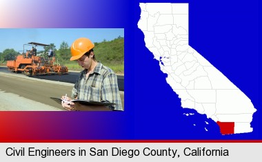 a civil engineer inspecting a road building project; San Diego County highlighted in red on a map