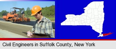 a civil engineer inspecting a road building project; Suffolk County highlighted in red on a map