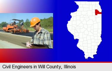a civil engineer inspecting a road building project; Will County highlighted in red on a map