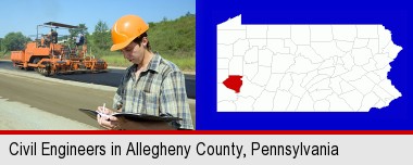 a civil engineer inspecting a road building project; Allegheny County highlighted in red on a map