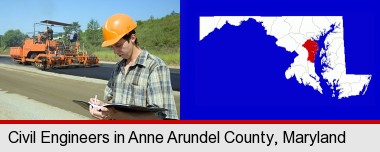 a civil engineer inspecting a road building project; Anne Arundel County highlighted in red on a map