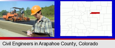 a civil engineer inspecting a road building project; Arapahoe County highlighted in red on a map