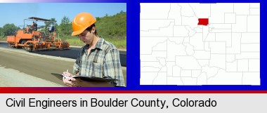 a civil engineer inspecting a road building project; Boulder County highlighted in red on a map