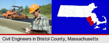 a civil engineer inspecting a road building project; Bristol County highlighted in red on a map