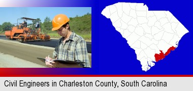a civil engineer inspecting a road building project; Charleston County highlighted in red on a map