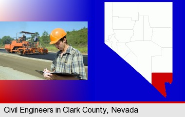 a civil engineer inspecting a road building project; Clark County highlighted in red on a map