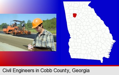 a civil engineer inspecting a road building project; Cobb County highlighted in red on a map