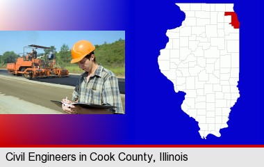 a civil engineer inspecting a road building project; Cook County highlighted in red on a map