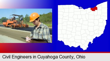a civil engineer inspecting a road building project; Cuyahoga County highlighted in red on a map