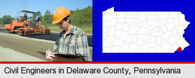 a civil engineer inspecting a road building project; Delaware County highlighted in red on a map