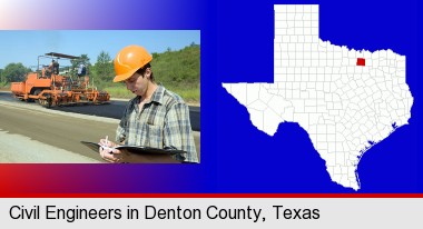 a civil engineer inspecting a road building project; Denton County highlighted in red on a map