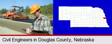 a civil engineer inspecting a road building project; Douglas County highlighted in red on a map