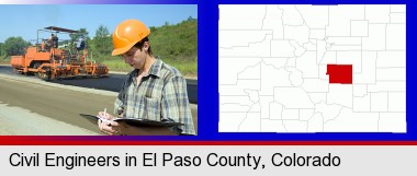 a civil engineer inspecting a road building project; Elbert County highlighted in red on a map