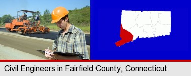 a civil engineer inspecting a road building project; Fairfield County highlighted in red on a map