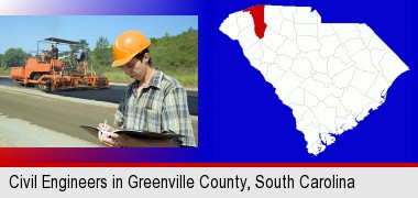 a civil engineer inspecting a road building project; Greenville County highlighted in red on a map