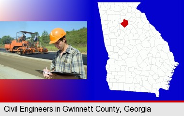 a civil engineer inspecting a road building project; Gwinnett County highlighted in red on a map