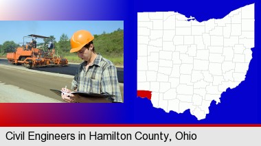 a civil engineer inspecting a road building project; Hamilton County highlighted in red on a map