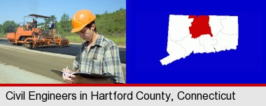 a civil engineer inspecting a road building project; Hartford County highlighted in red on a map