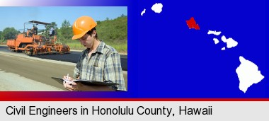 a civil engineer inspecting a road building project; Honolulu County highlighted in red on a map