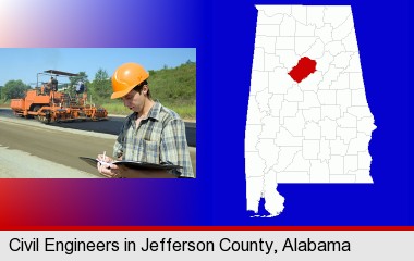 a civil engineer inspecting a road building project; Jefferson County highlighted in red on a map