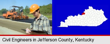 a civil engineer inspecting a road building project; Jefferson County highlighted in red on a map