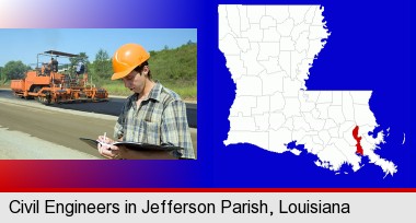 a civil engineer inspecting a road building project; Jefferson Parish highlighted in red on a map