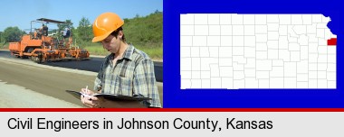 a civil engineer inspecting a road building project; Johnson County highlighted in red on a map
