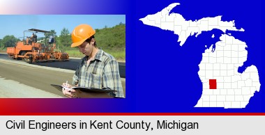a civil engineer inspecting a road building project; Kent County highlighted in red on a map