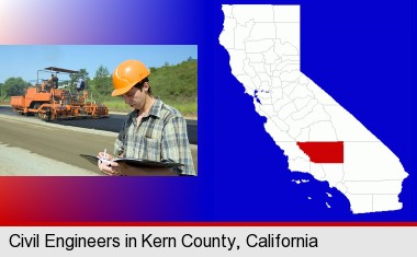 a civil engineer inspecting a road building project; Kern County highlighted in red on a map