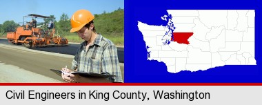 a civil engineer inspecting a road building project; King County highlighted in red on a map
