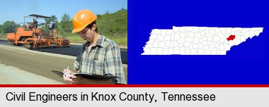 a civil engineer inspecting a road building project; Knox County highlighted in red on a map