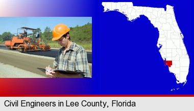 a civil engineer inspecting a road building project; Lee County highlighted in red on a map