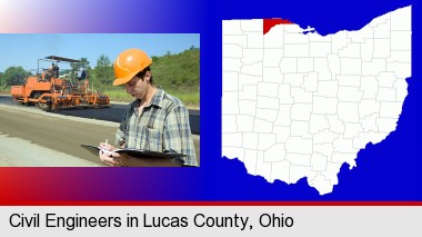 a civil engineer inspecting a road building project; Lucas County highlighted in red on a map