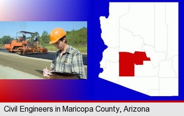 a civil engineer inspecting a road building project; Maricopa County highlighted in red on a map